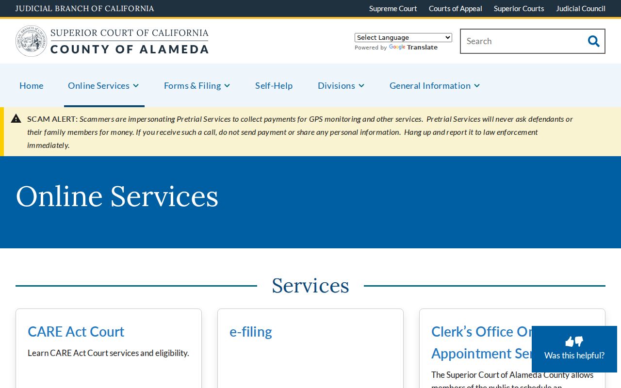Fremont residents directory view of Alameda Superior Court online services