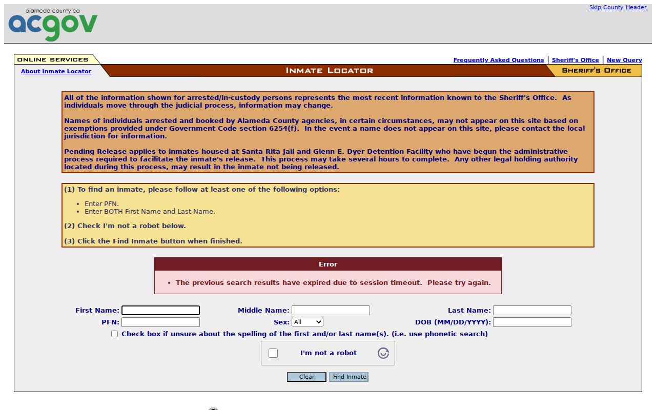 Fremont resident lookup view of the Alameda County inmate locator