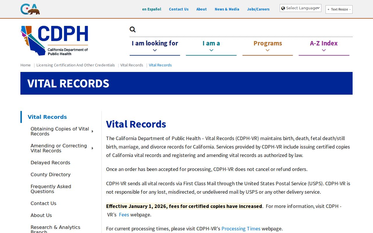 Fremont resident lookup view of California vital records applications