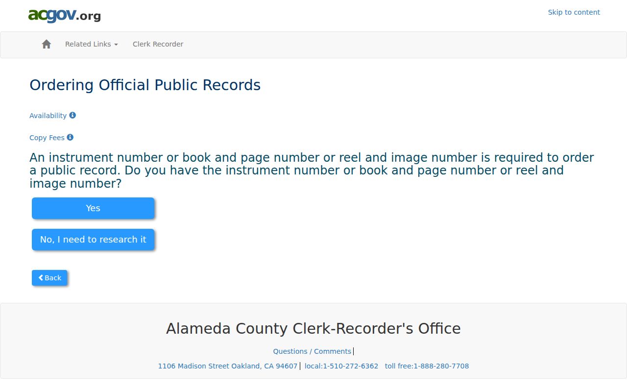 Fremont street directory view of the Alameda recorded deed index